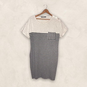 Doe & Rae Medium M ModCloth Gray Cream Striped Pockets Mixed Media Knit Dress‎